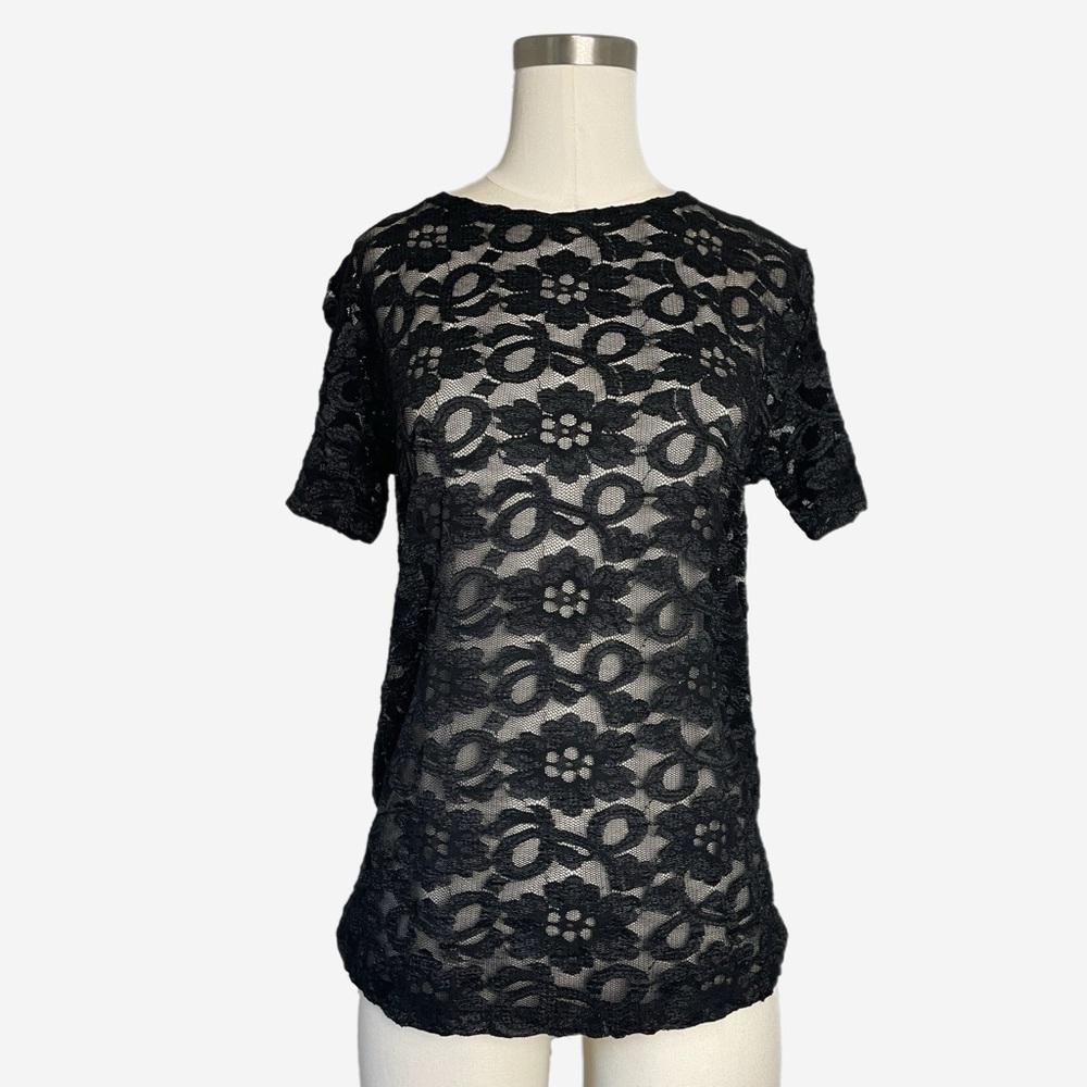 Vintage 90s Victorias Secret Gold Crown label black sheer floral mesh lace tee L